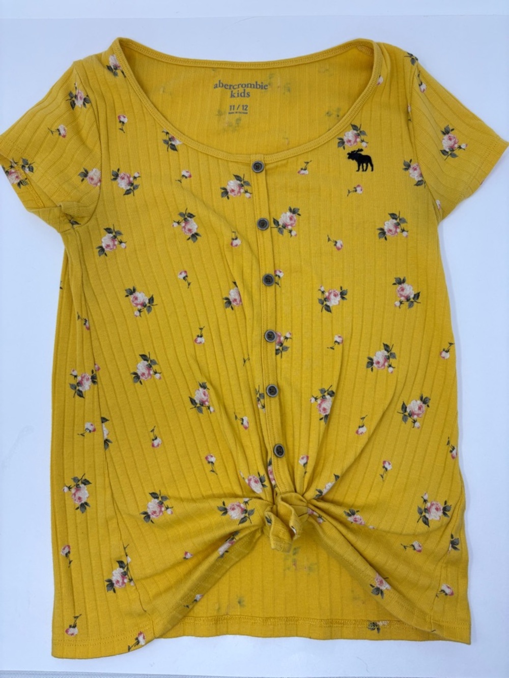 Abercrombie Kids: Yellow Floral Rib-knit Front-tie Shirt, Size: 11/12